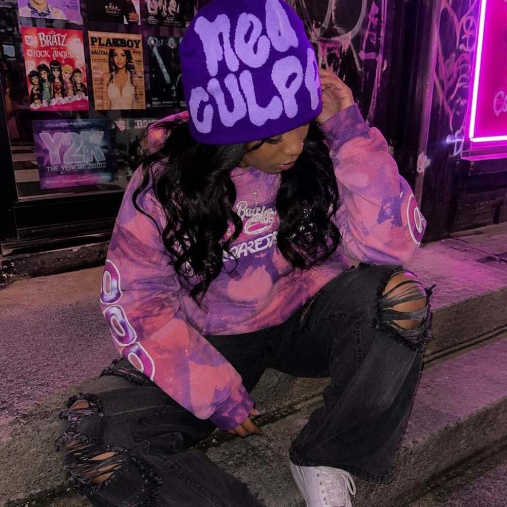 Mea Culpa Purple and Lavender Knit Beanie Y2K Streetwear Hat